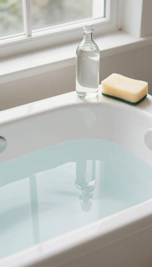 White vinegar soak in a clean bathtub with natural light