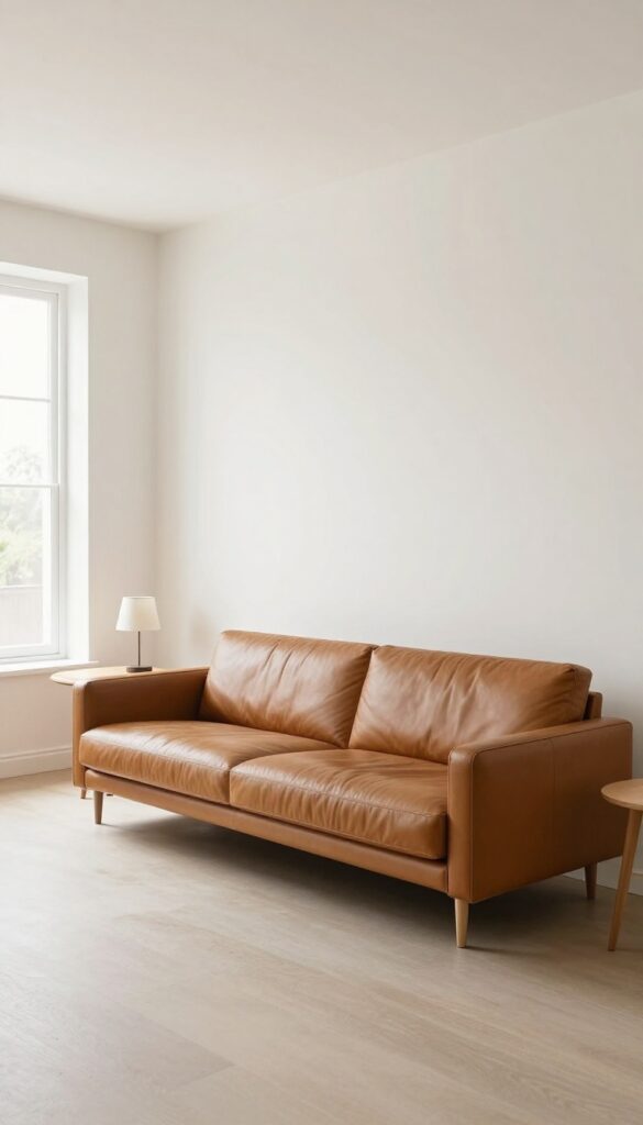 Slim armless cognac leather sofa in a bright, open living room with neutral walls and natural light