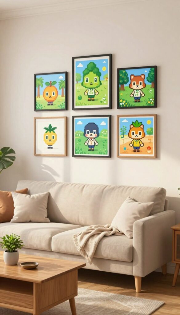 Cozy living room with a gallery wall of framed Animal Crossing pixel art above a console table, featuring simple black and wood frames.