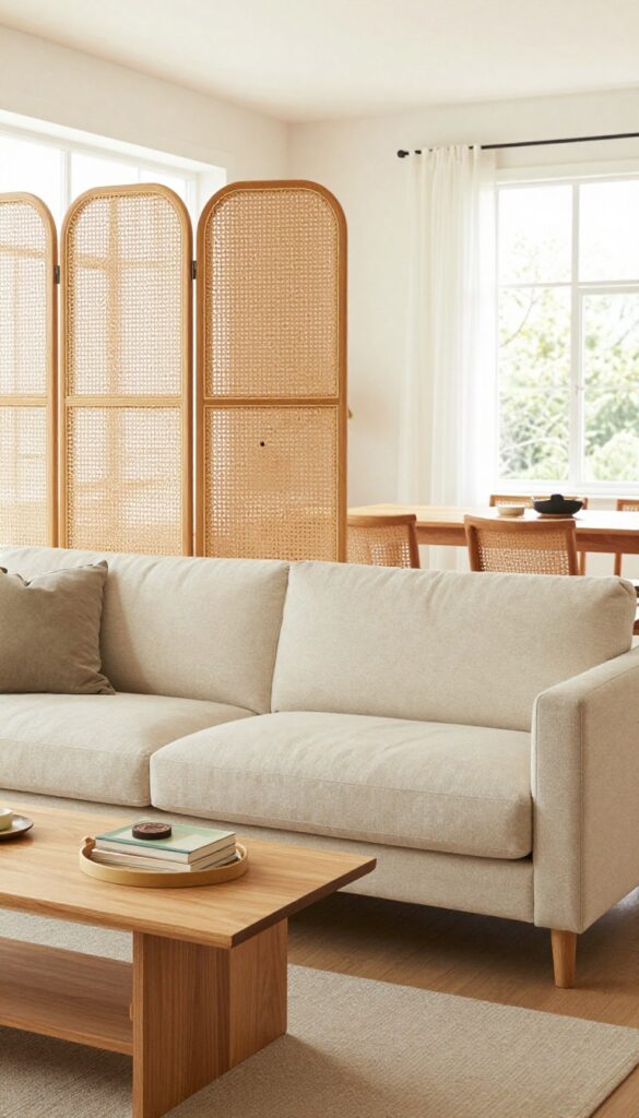 Low console table behind sofa with folding room screen partition, separating living and dining areas.