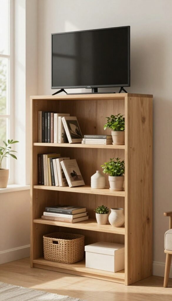 Tall corner shelf unit with TV on top, books and plants on lower shelves, bright natural light