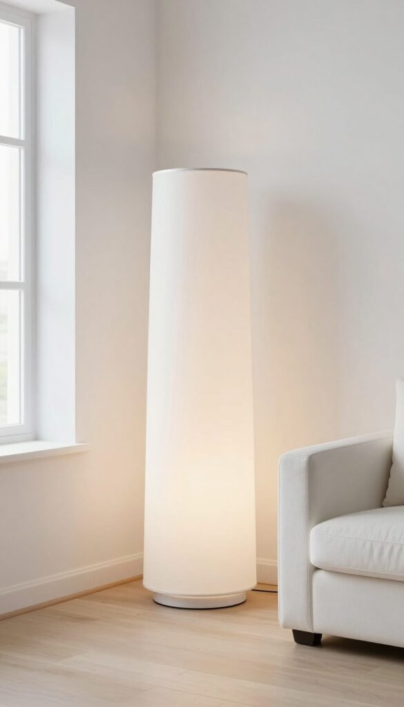 White living room corner with a tall floor lamp brightening the space