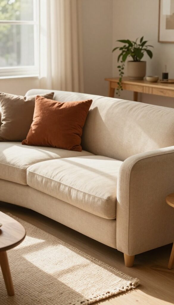 Curved sofa in warm oatmeal fabric floating in a small living room with natural light, wood coffee table, jute rug, and rust throw pillows.