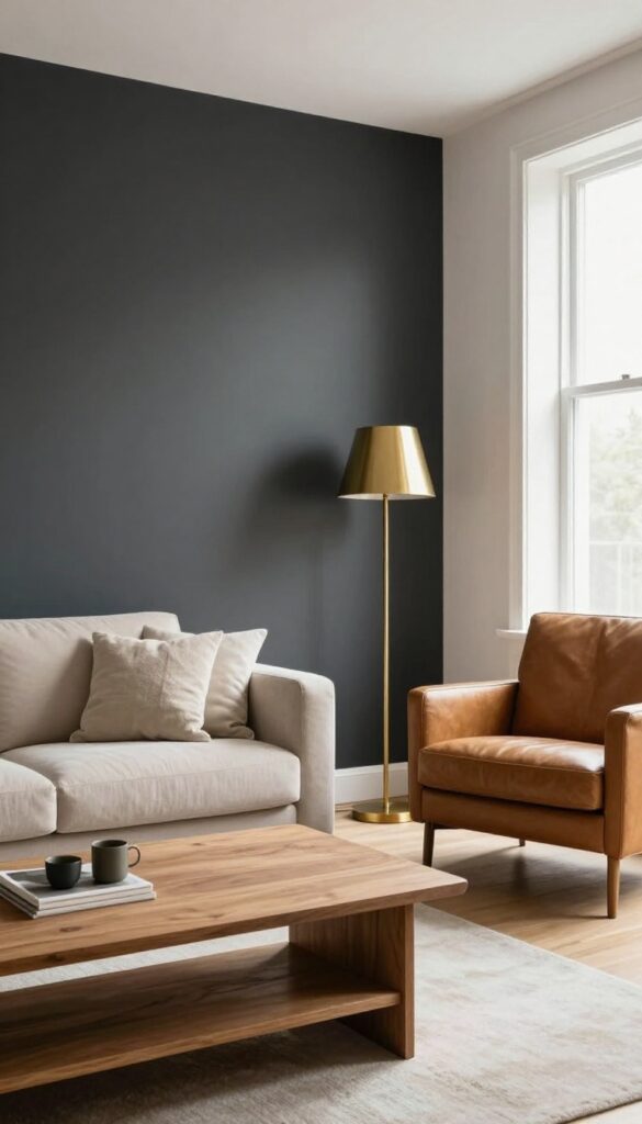 Living room with dark accent wall, light sofa, and warm decor