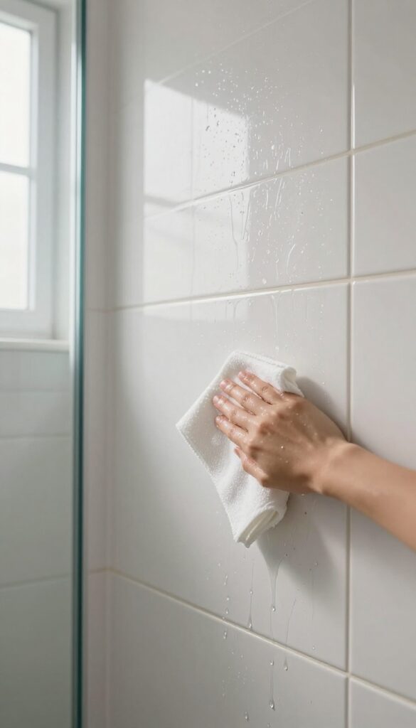 Person wiping down shower tiles and grout with a microfiber cloth after a shower