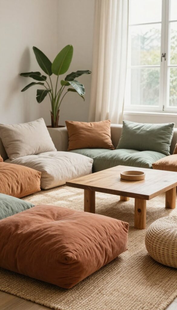 Living room with floor cushions arranged around a low coffee table, creating a casual seating area for gatherings.