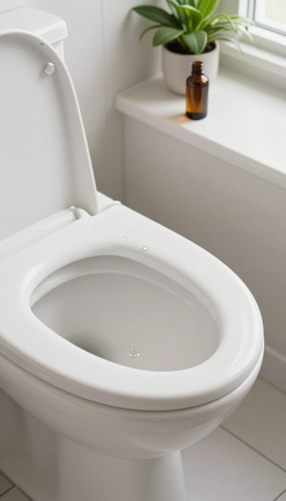 Toilet bowl with essential oil drops and a bottle of tea tree oil in the background