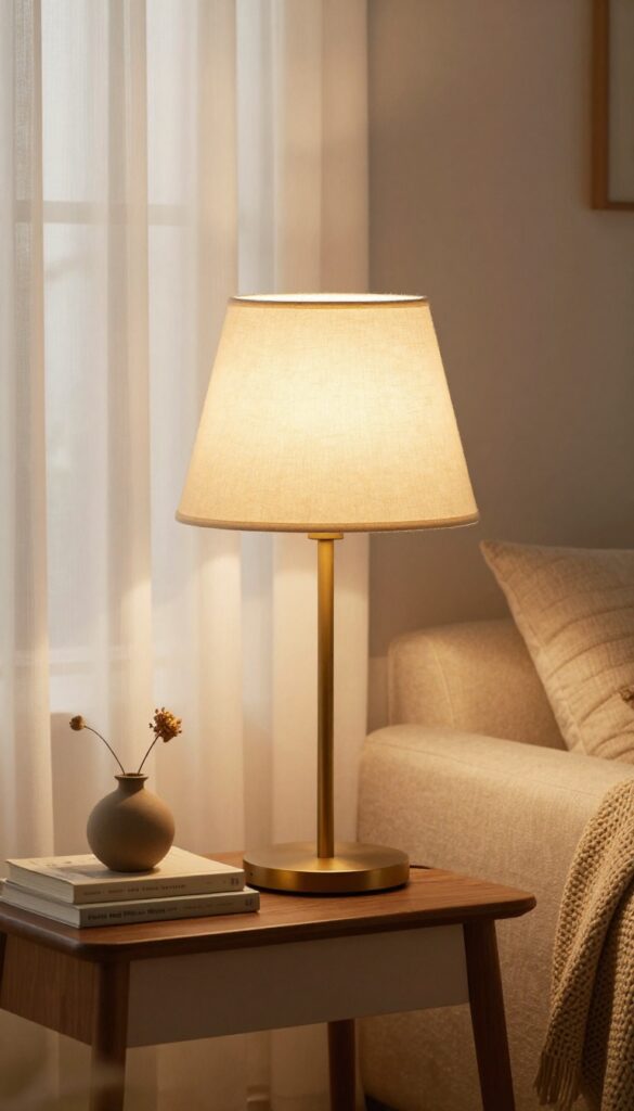 Dimmable table lamp on side table with books and dried flowers in warm living room