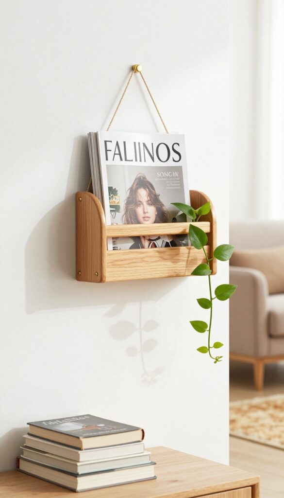 Close-up of a wall-mounted wooden magazine rack with brass accents, holding magazines and a small trailing plant, in a cozy living room with soft natural light.