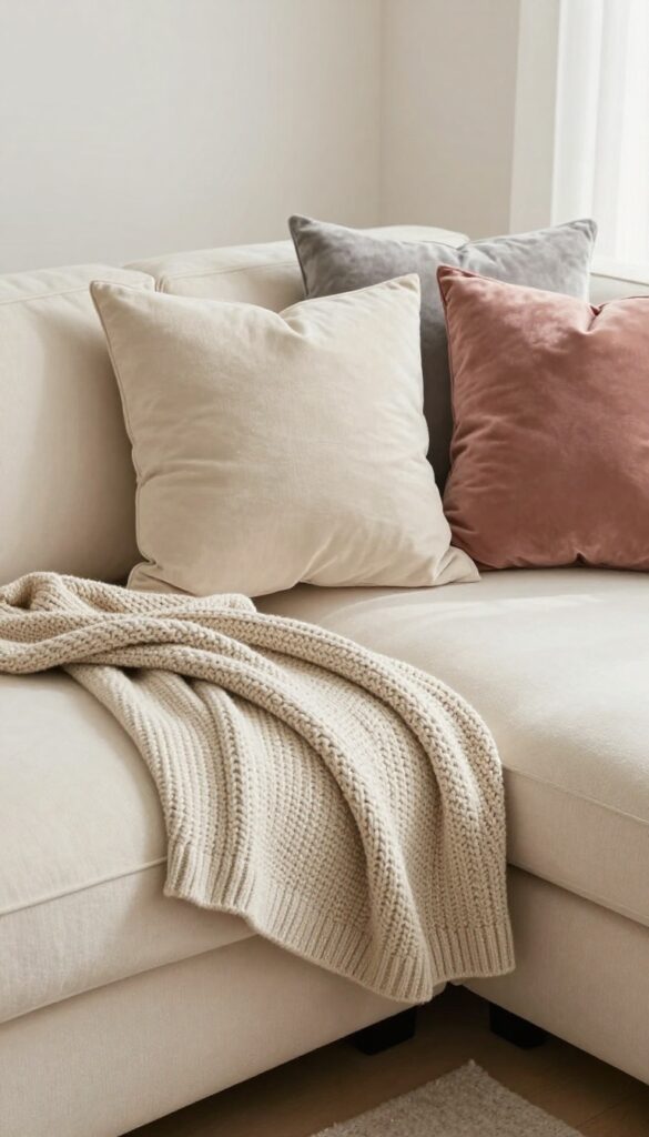 Cozy throw blankets and plush pillows layered on a modern sofa in warm neutrals and dusty rose accent.