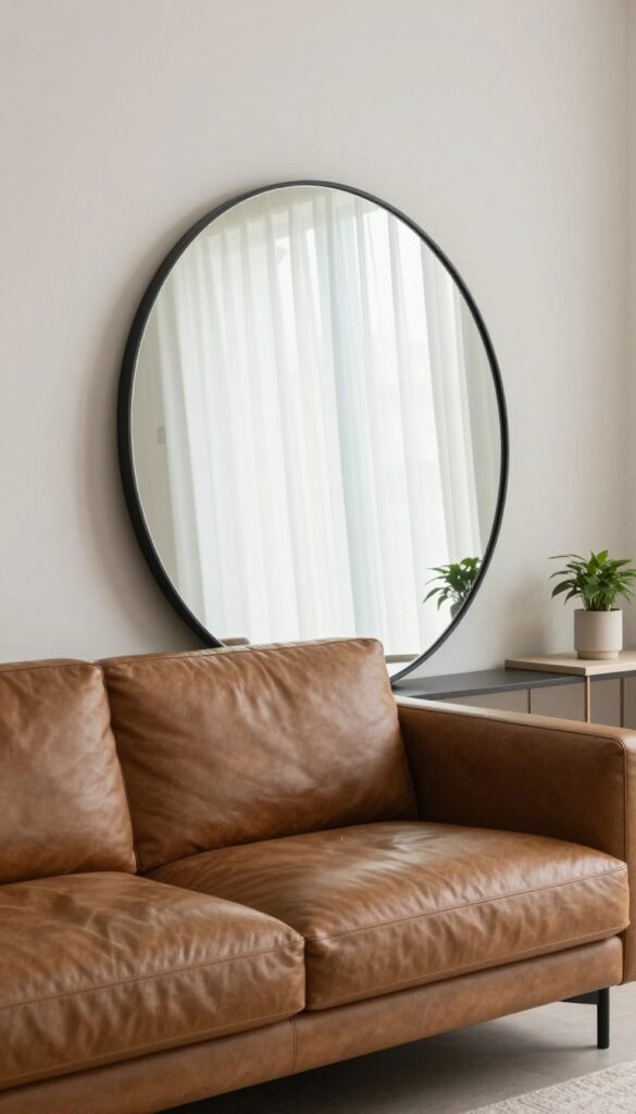 Large round mirror leaning opposite a leather sofa in a bright modern living room