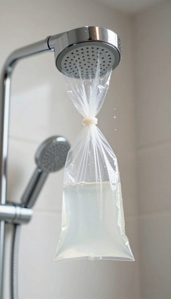 Showerhead descaling with vinegar soak in a plastic bag