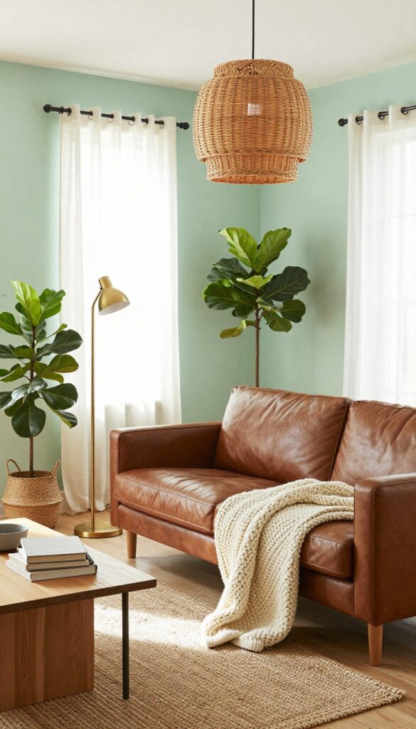 Soft mint green living room with cocoa brown leather sofa, jute rug, linen curtains, and rattan pendant light