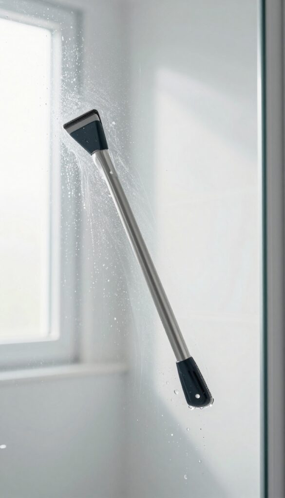 A squeegee being used on a wet glass shower door in a bright bathroom, leaving a streak-free surface.