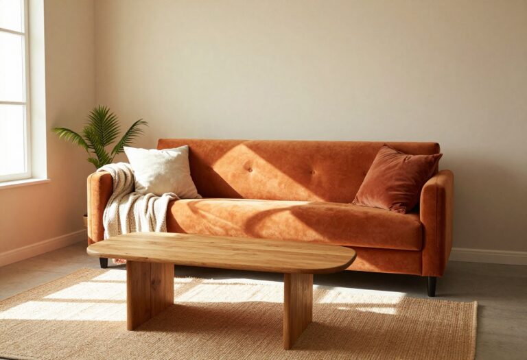 Cozy living room with a burnt orange velvet sofa, cream pillows, and natural light