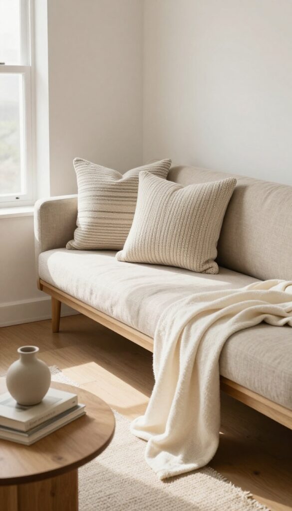 A bench-style sofa in a small living room with clean lines, textured cushions, and a cozy throw, styled in a warm neutral palette with natural light.