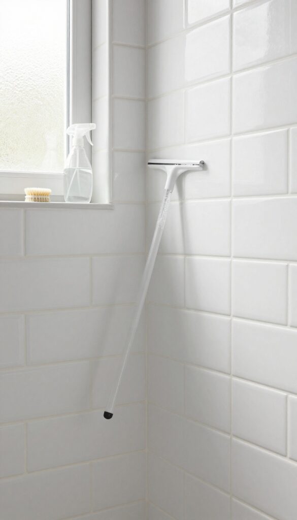 Clean shower tiles with squeegee and spray bottle for regular maintenance