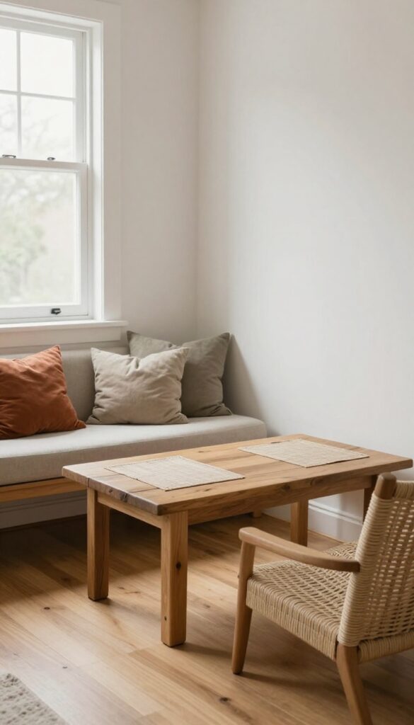 Small living room dining area with bench seating and chairs, bright natural light, cozy and uncluttered