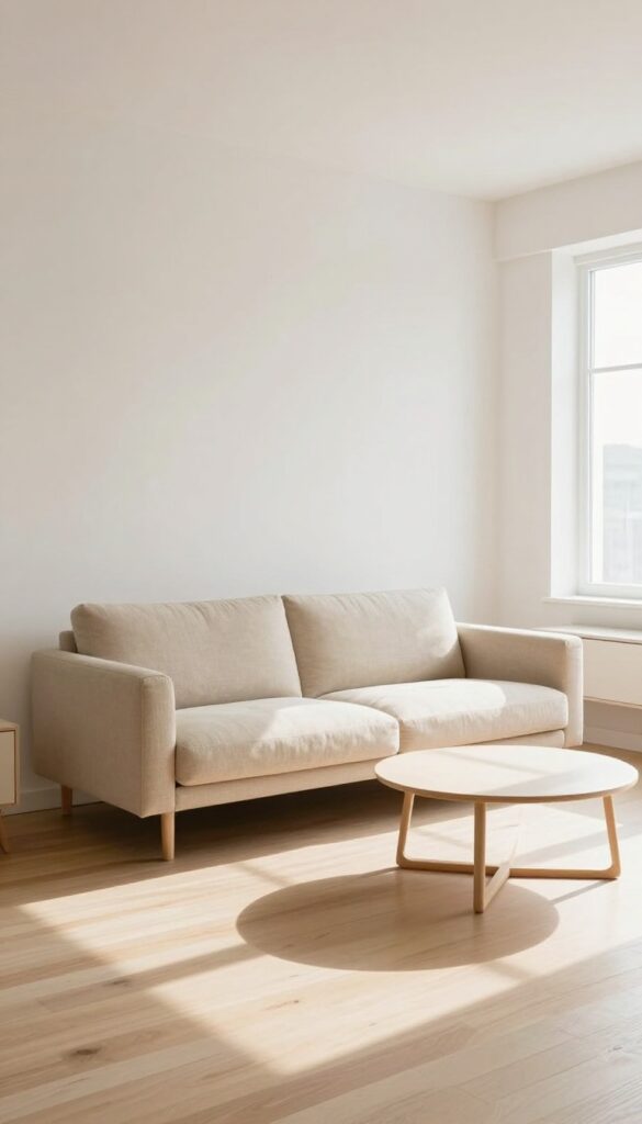 Minimalist living room with a low-profile beige sofa, slim coffee table, and low media console in bright natural light.