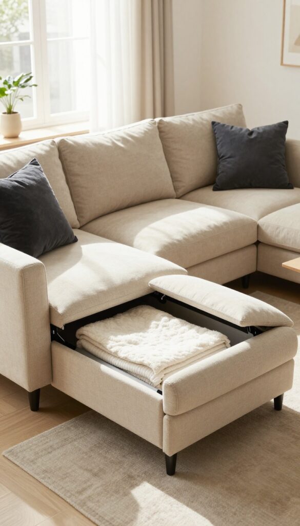 Corner sofa with storage chaise in a bright living room, showing open storage compartment with blankets.