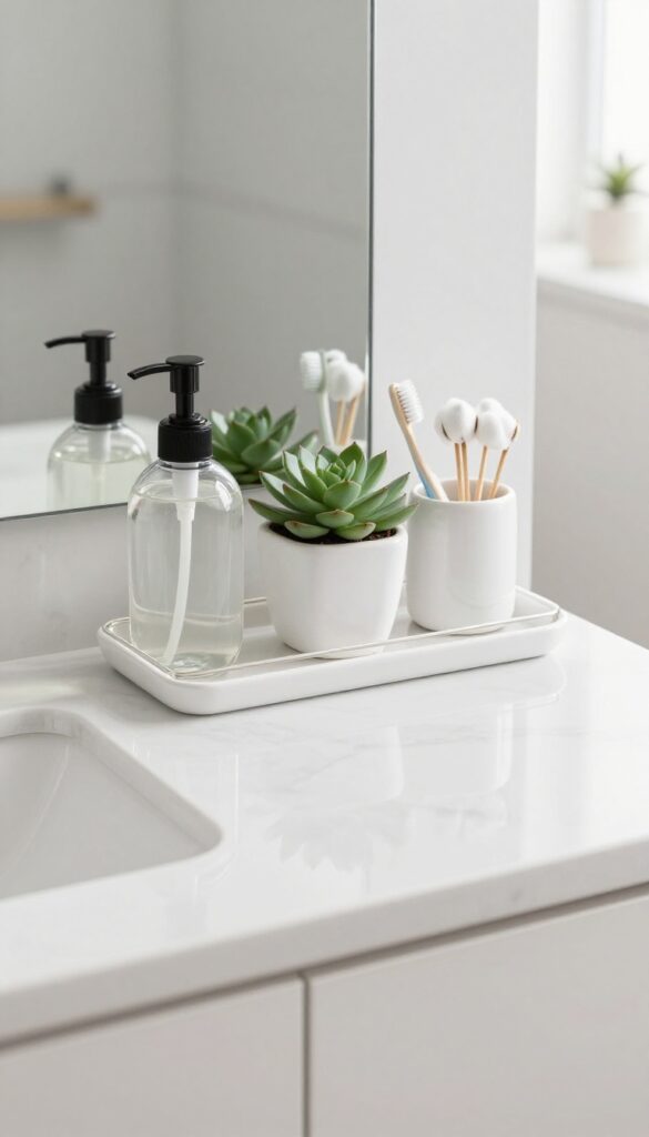 Organized bathroom vanity with acrylic organizer and trays holding daily essentials in natural light.