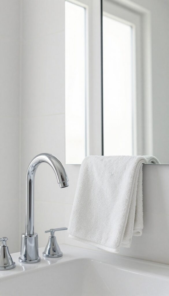 Bright bathroom with open window, polished chrome faucet, and streak-free mirror after final cleaning