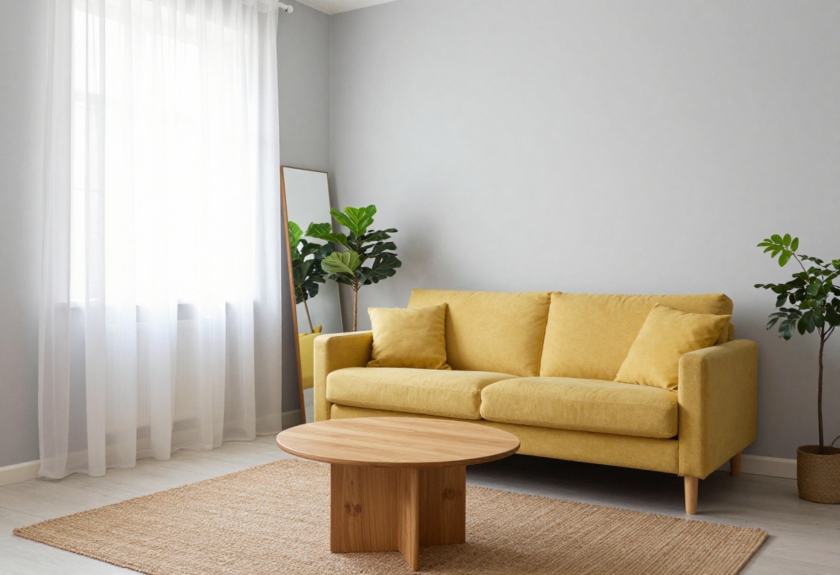 Small living room with a yellow couch, pale gray walls, and natural light streaming through sheer curtains.