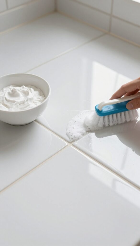 Close-up of scrubbing grout with baking soda paste on a tile floor
