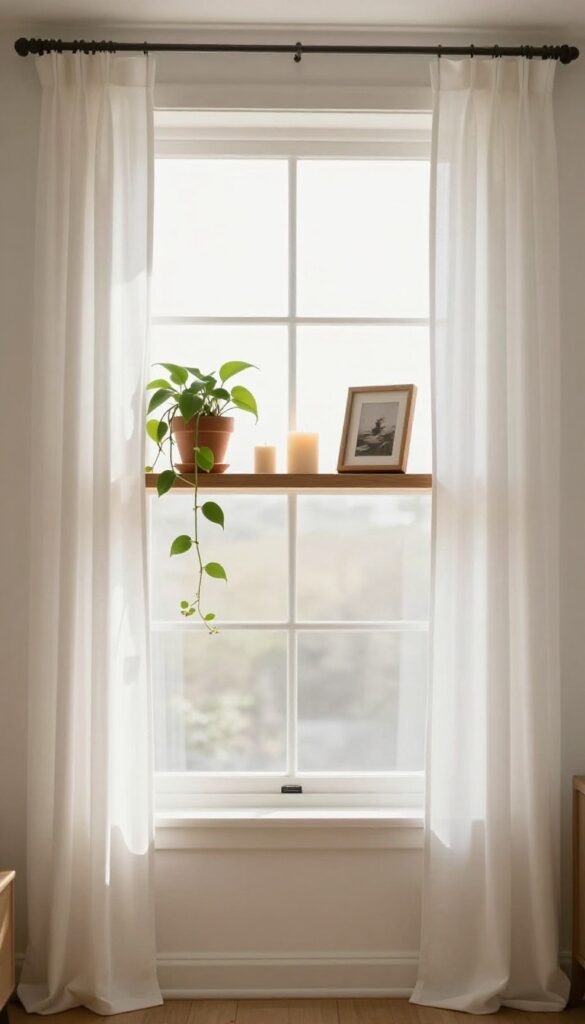 Floating shelf above window with pothos plant, candle, and framed photo in cozy living room