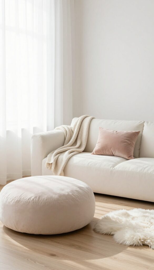 Living room with cloud-like seating featuring oversized floor cushions and a low fluffy sofa in pale neutrals, soft natural light, and cozy textures.