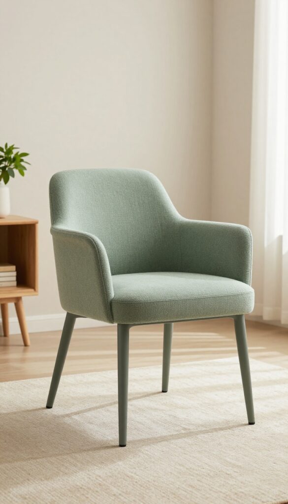 Compact modern club chair in muted sage green with tapered legs, placed in a bright living room corner with a side table and plant.