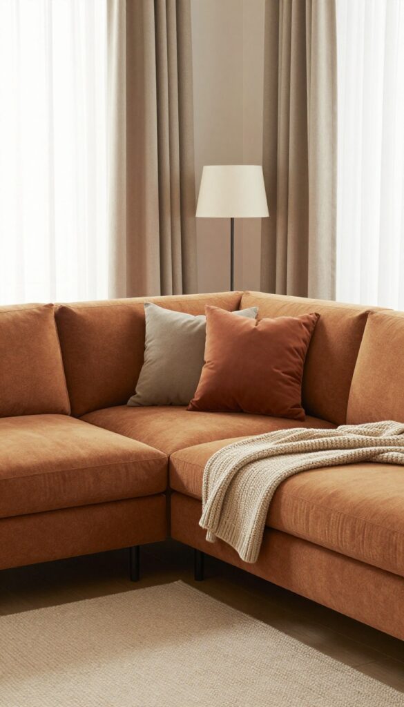 Small cozy living room with modular L-shaped sofa in rust and olive chenille, throw pillows, chunky knit blanket, wool rug, linen curtains, console table, and floor lamp.