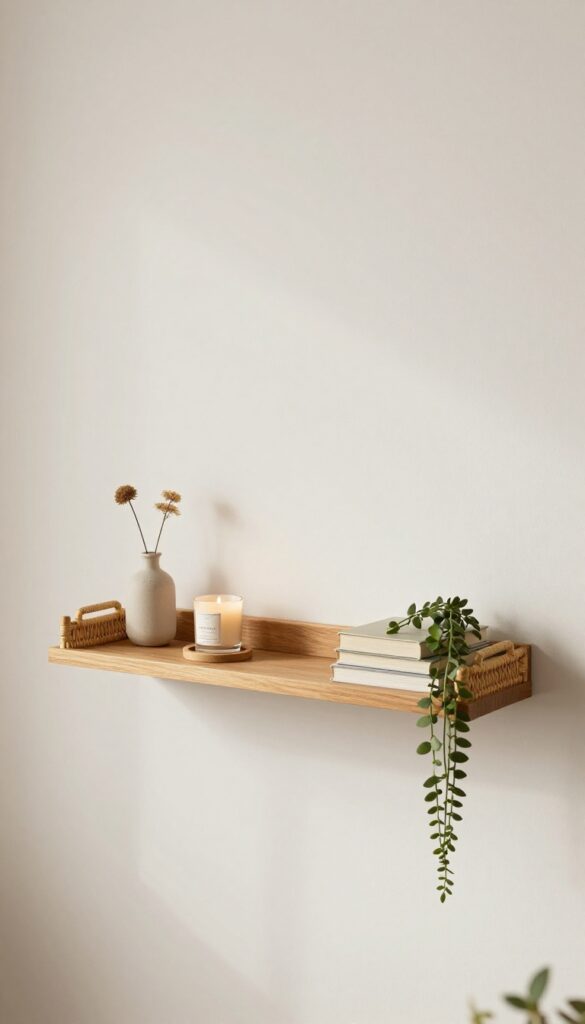 A styled living room wall shelf featuring a rattan tray holding a candle, coaster, and small vase, with books and a trailing plant beside it.