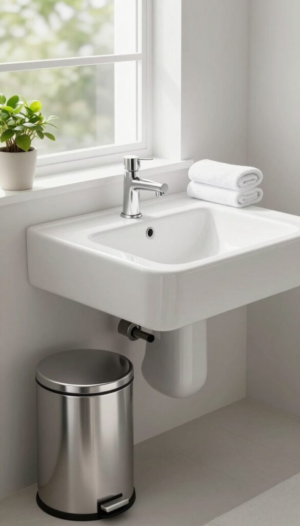 Modern bathroom with a lidded stainless steel trash can by the sink