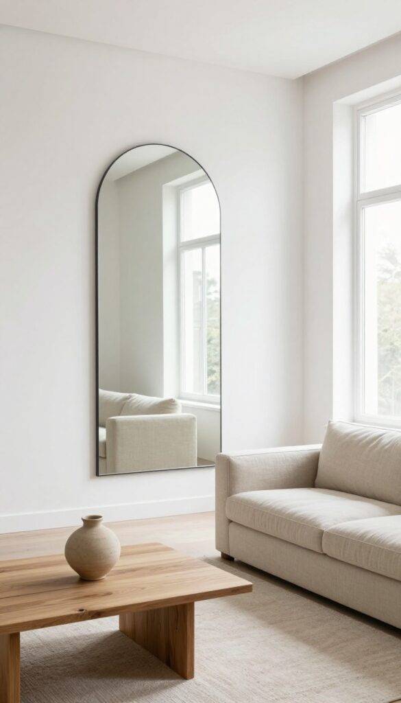 Modern living room with large arched mirror as focal point, minimalist decor, bright natural light