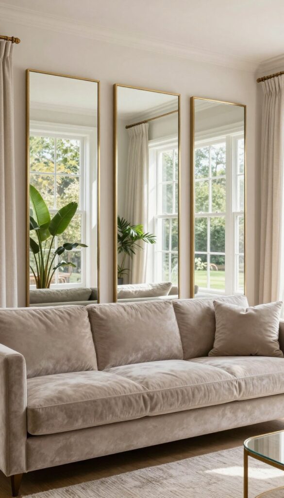 Mirrored wall panels with brass frames reflecting natural light in a warm modern living room