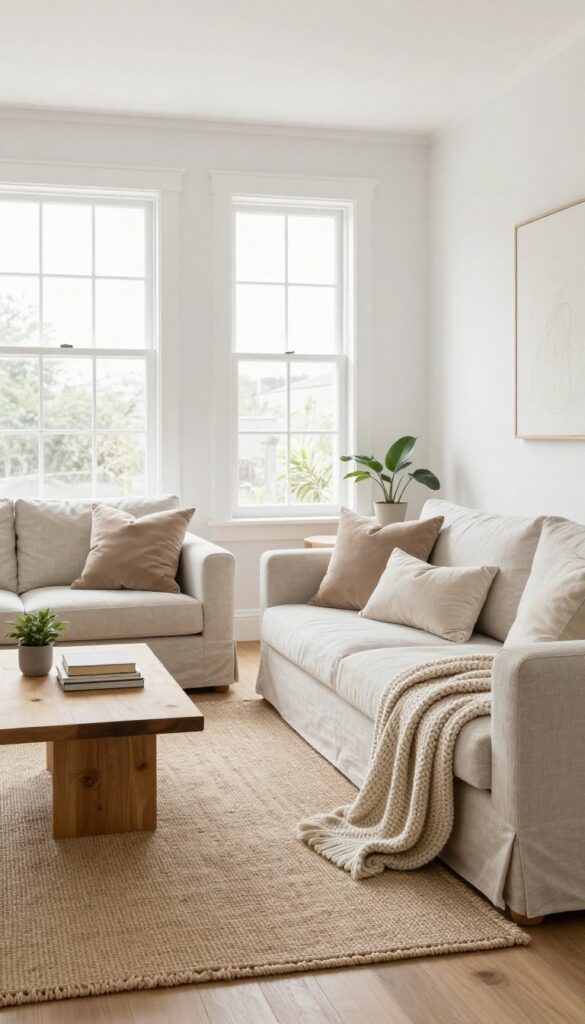 Bright living room with white-gray walls, natural textures, and minimalist decor