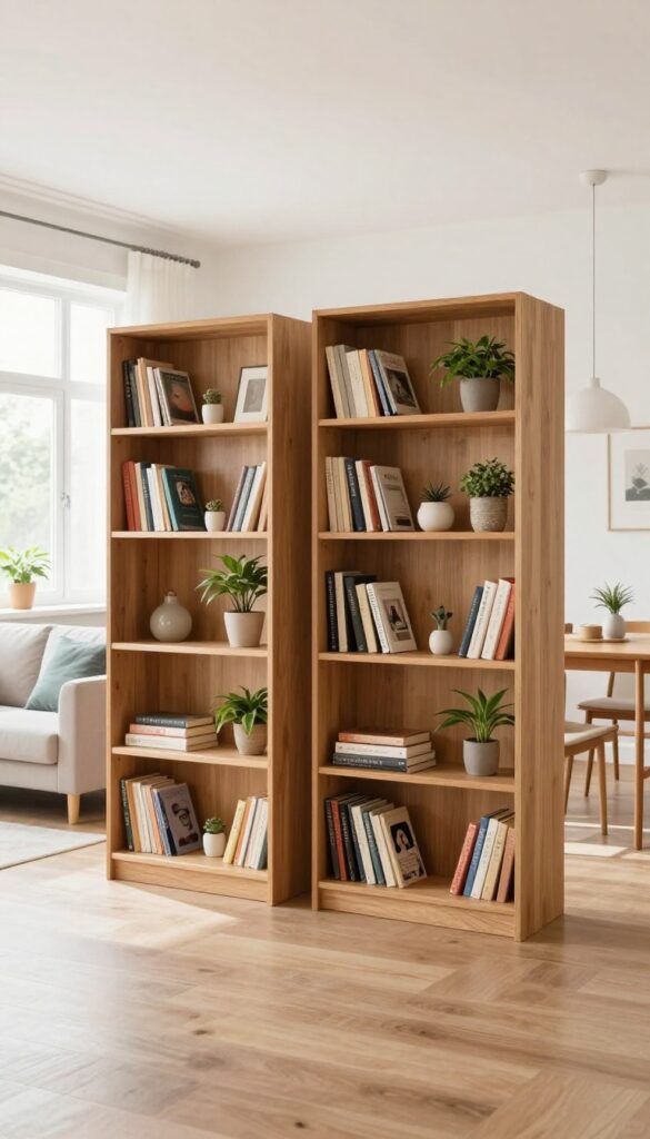 Two low bookshelves placed back-to-back as a room divider in a bright open-plan living and dining area