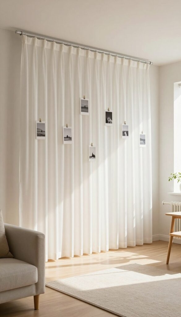 A string curtain with clip-on panels dividing a bright living room, with fabric and photos hanging from cables, creating an airy and flexible room divider.