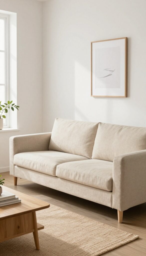 A slim, skirtless sofa with visible legs in a bright small living room, creating an airy and modern feel.