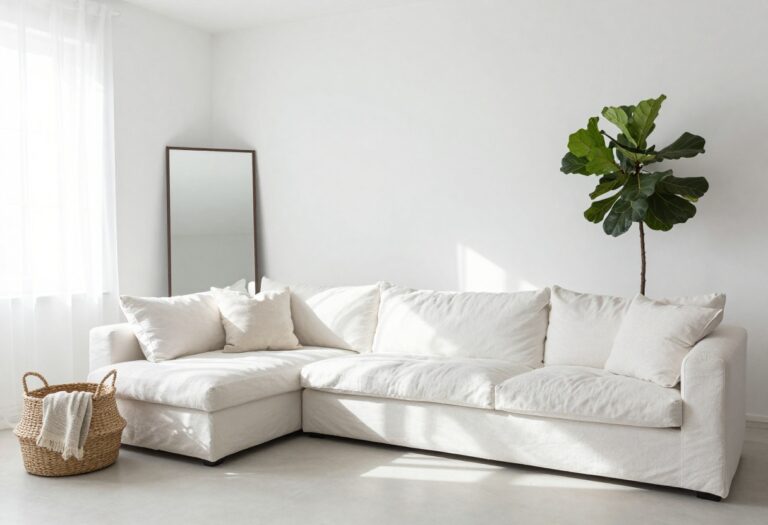 Bright white living room with mirror, plants, and natural light