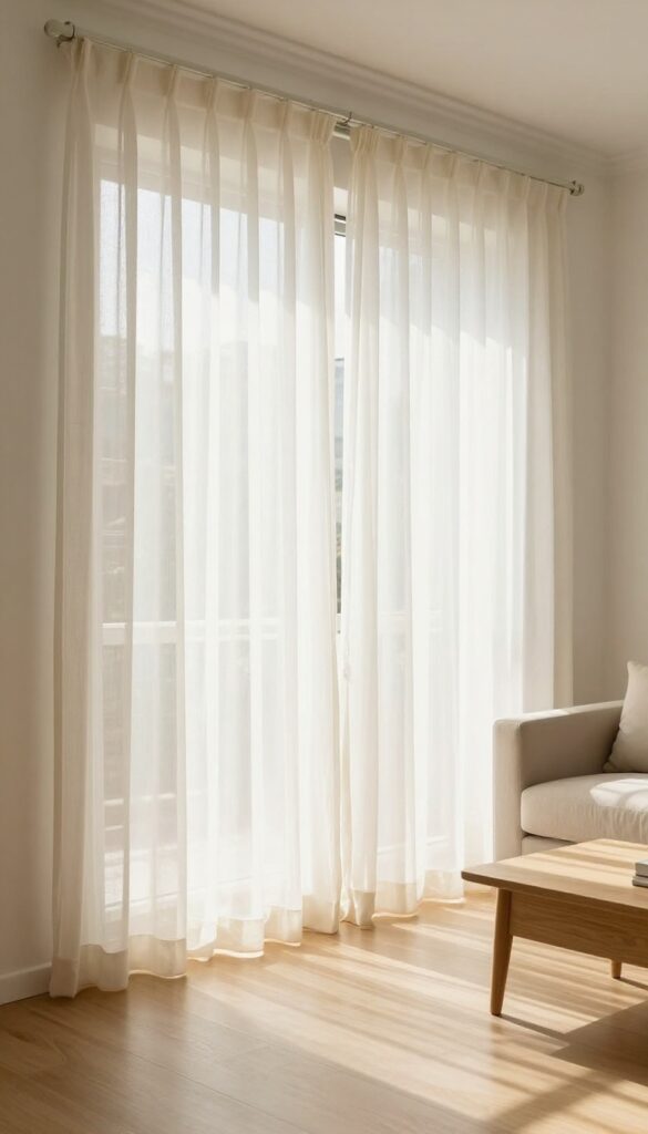 Light and airy living room with floor-to-ceiling sheer curtains creating a spacious, cozy feel