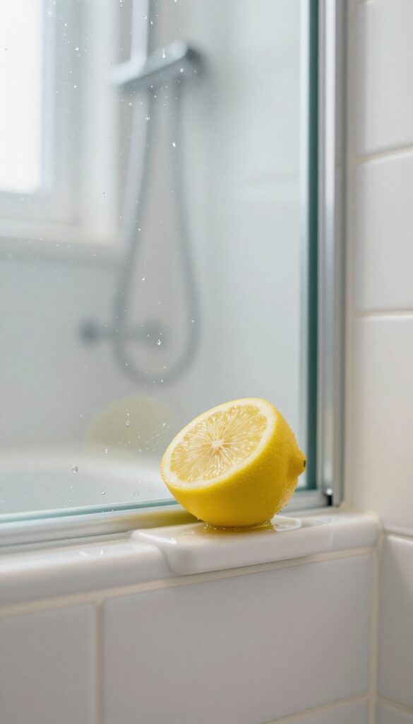 Close-up of a clean glass shower door with a fresh lemon and water droplets, natural light, minimalist bathroom.
