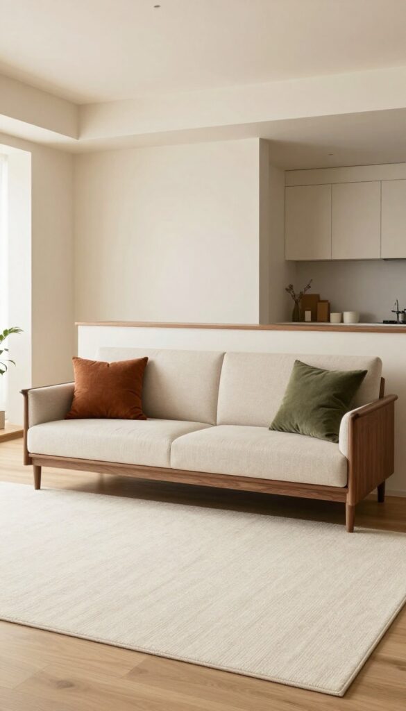 Low-back walnut sofa in small open-concept living room with cream rug and rust and olive green pillows