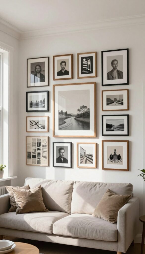 Salon-style gallery wall with mixed frame sizes and finishes above a cozy living room sofa, natural light, curated and layered look.
