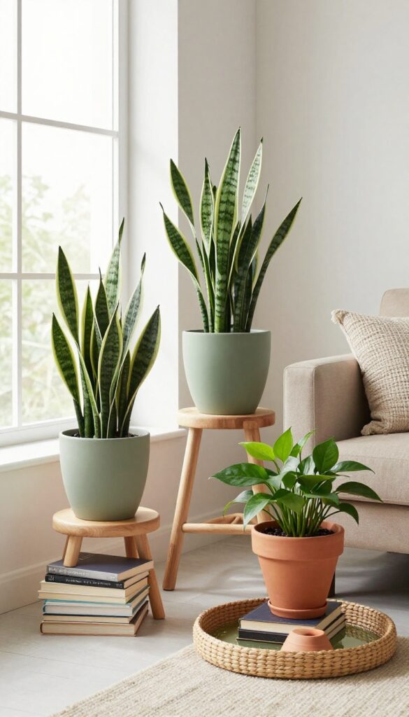 Cozy living room corner with a cluster of indoor plants on a stool and books, natural light from window, thrifted pots, snake plant and pothos.