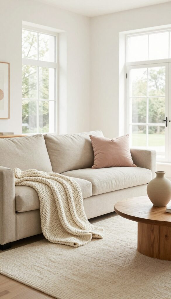 Minimalist living room with neutral color palette, linen sofa, wool rug, and textured accents in natural light