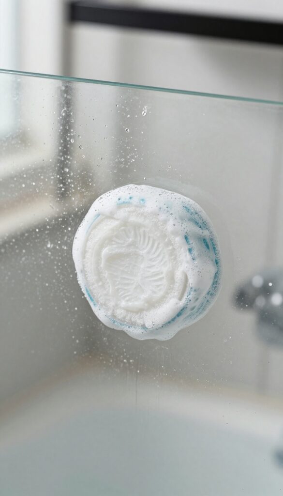Wet dishwasher tablet rubbing on soap scum on shower glass