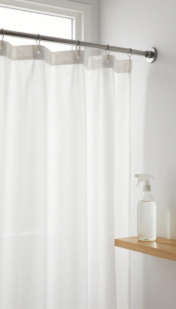 White fabric shower curtain in a bright bathroom with a vinegar spray bottle on a shelf, illustrating skipping fabric softener for cleaner curtains.