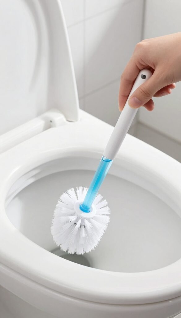 Toilet brush with built-in cleaner scrubbing a toilet bowl stain